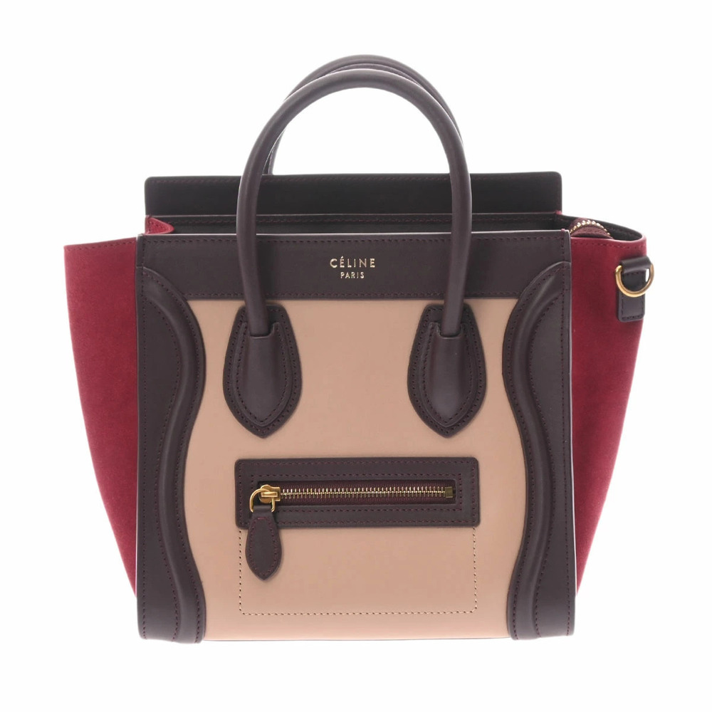 CELINE Luggage Shopper Bordeaux Purple Red Beige Red Calf Suede Handbag Bag